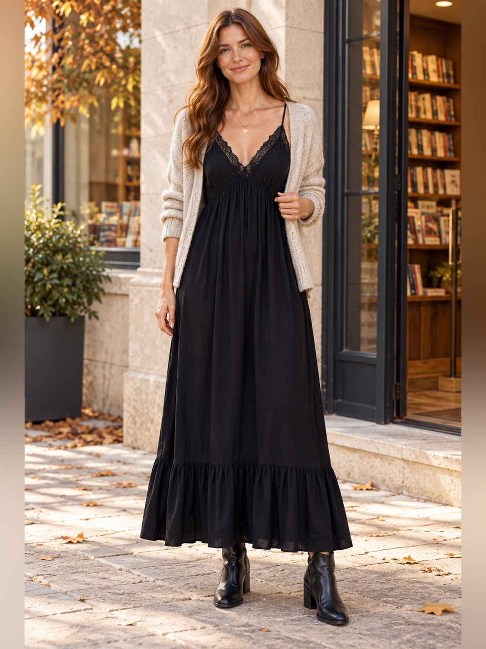 I Joah Black Lace Trim Maxi Slip Dress Large Strappy Back Boho